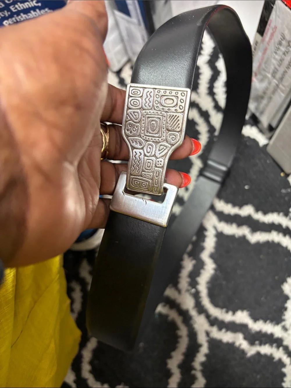 Men's Black Leather Belt with Decorative Silver Buckle